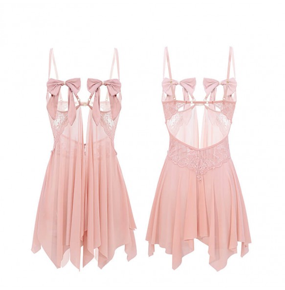 FEE ET MOI - Sheer Front-Open Bow Tie Lingerie Dress (Pink)